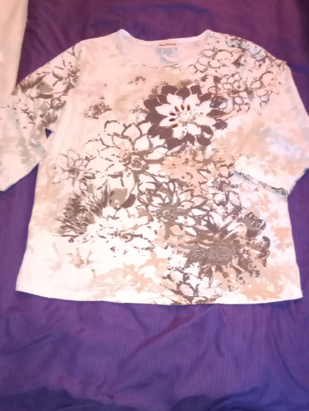 BonWorth Cream Long-Sleeve Floral Tee with Brown Accents